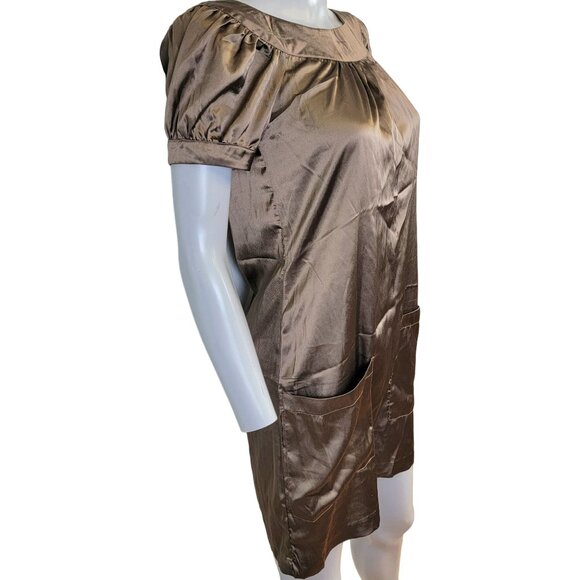 Vintage 90s Satin A-line Mini Dress Women Small Brown Pockets Soft 4 6 S Boho S - Picture 8 of 14